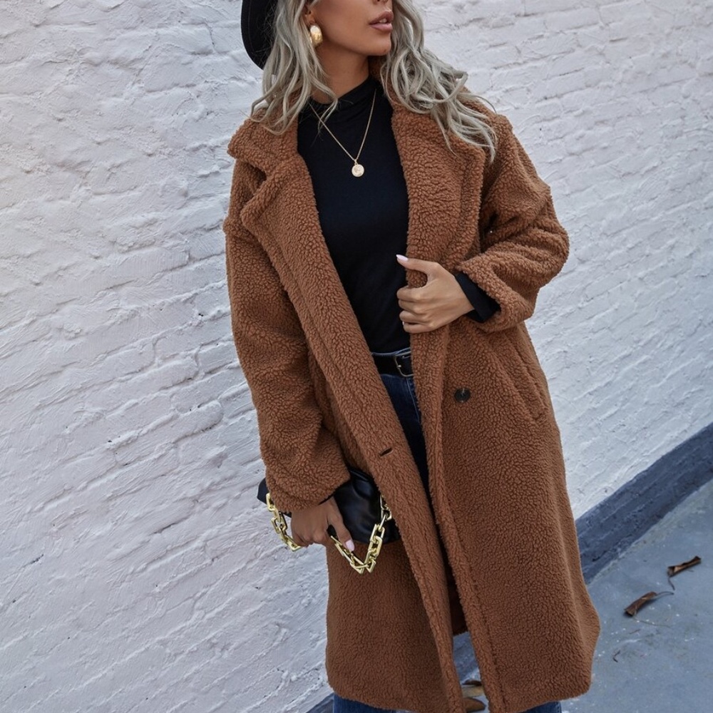 Brown mocha collar long teddy trench coat sherpa - Picture 4 of 6